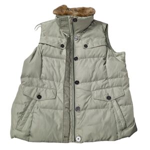 Lands End Women Sz L Green Faux Fur Trim Full Zip Quilt Down Puffer Vest Pockets